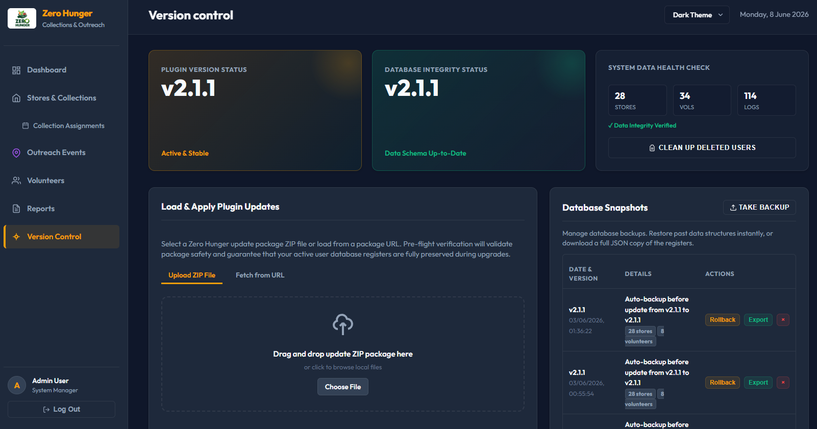 System Update & Backups Control Panel